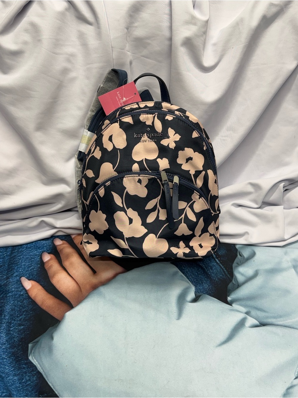 (new+tag) Kate Spade Medium Backpsck Navy and Floral Light Pink Size 11.5 x 9 - Picture 11 of 12